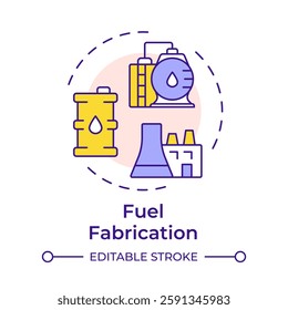 Fuel fabrication multi color concept icon. Transform into uranium dioxide powder. Nuclear supplies cycle. Round shape line illustration. Abstract idea. Graphic design. Easy to use in article