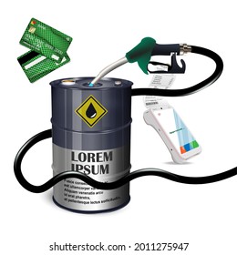 The Fuel Filling Nozzle Fills The Fuel Into The Barrel. The Concept Of Payment For A Gas Station With Issuing A Check And A Contactless Payment Method By A Bank Card