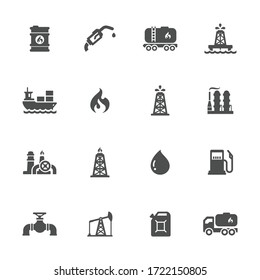 Fuel flat icons in gray. Set of 16 pieces.