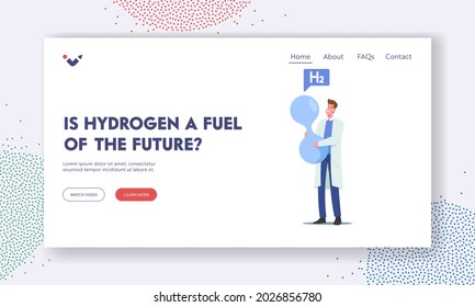 Fuel of Future Landing Page Template. Tiny Scientist Male Character Holding Huge H2 Molecule, Hydrogen Fuel Producing in Laboratory, Lab Investigation, Alternative Diesel. Cartoon Vector Illustration