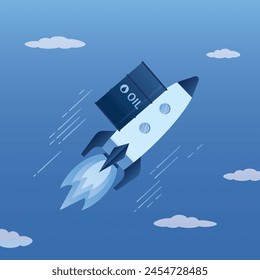 Fuel, gas or energy price rising up. Rocket with oil gallon flying high up into the sky. Crude oil price skyrocket reaching record high due to war crisis. Concept of price rising. Vector illustration