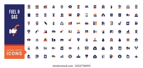 Conjunto de ícones coloridos preenchidos com combustível e gás. Ícones coloridos incluem tanque de combustível, hidrante, sinal de combustível, hidrogênio e Mais. Coleção vetorial de ícones sólidos.