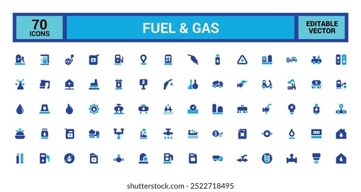 Conjunto de ícones coloridos preenchidos com combustível e gás. Ícones coloridos incluem tanque de combustível, hidrante, sinal de combustível, hidrogênio e Mais. Coleção vetorial de ícones sólidos.