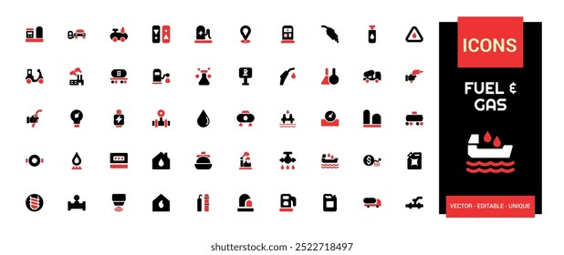 Conjunto de ícones coloridos preenchidos com combustível e gás. Ícones coloridos incluem tanque de combustível, hidrante, sinal de combustível, hidrogênio e Mais. Coleção vetorial de ícones sólidos.