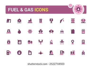 Conjunto de ícones coloridos preenchidos com combustível e gás. Ícones coloridos incluem tanque de combustível, hidrante, sinal de combustível, hidrogênio e Mais. Coleção vetorial de ícones sólidos.