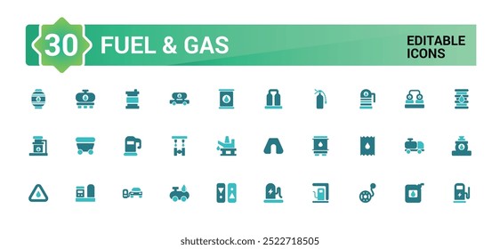 Conjunto de ícones coloridos preenchidos com combustível e gás. Ícones coloridos incluem tanque de combustível, hidrante, sinal de combustível, hidrogênio e Mais. Coleção vetorial de ícones sólidos.
