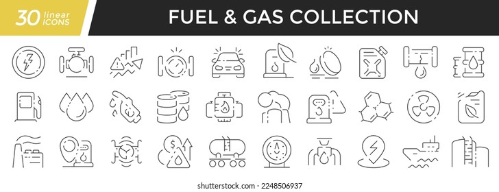 Fuel and gas linear icons set. Collection of 30 icons in black