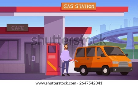 Fuel gas. People fill up cars with gas oil exact vector cartoon background illustrations
