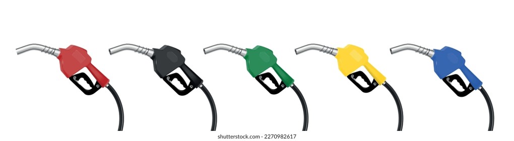 Fuel gas realistic set of five colorful handle pump nozzle isolated at white background vector illustration