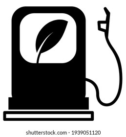 Fuel, gasoline, gas, petrol, oil pump, dispenser, dipper from gas station with leaf sign, logo, symbol, vector, illustration in black and white color, isolated on white background