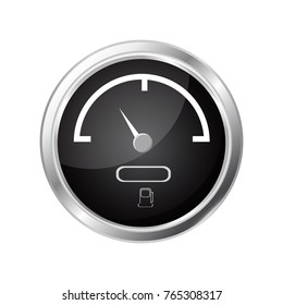 Fuel gauge. Black round dashboard element with chrome frame. Vector illustration isolated on white background