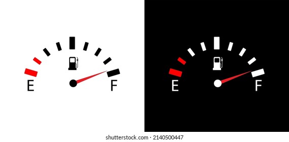 Indicador de combustible para el coche. Tanque lleno y vacío para auto. Combustible para los indicadores del salpicadero. Gasolina de nivel de calibración. Gasas de nivel medio para el coche. Vector.
