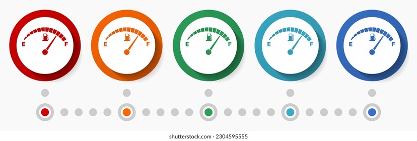 Fuel gauge concept vector icon set, infographic template, flat design colorful web buttons in 5 color options