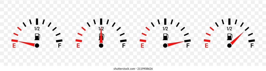 Fuel gauge. Full, half level and empty tank. Guage meter of petrol and gas on dashboard. Gage gasoline in car. Set of icons for automobile isolated on transparent background. Vector. svg