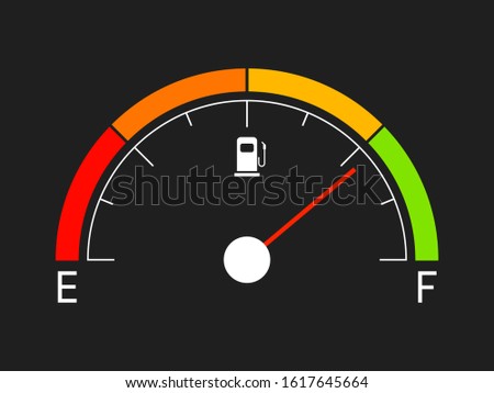 Fuel gauge. Gasoline icon isolated on black background. Gas indicator in flat style. Oil bar with color elements. Manometer visualization with fuel icon. Vector illustration.