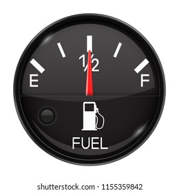 Fuel gauge. Half full tank. Round black car dashboard 3d device. Vector illustration isolated on white background