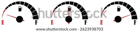 Fuel Gauge Icon set with meter blocks, needle indicators, dial sections, and clean dashboard tags used for showing empty-to-full fuel level readings.