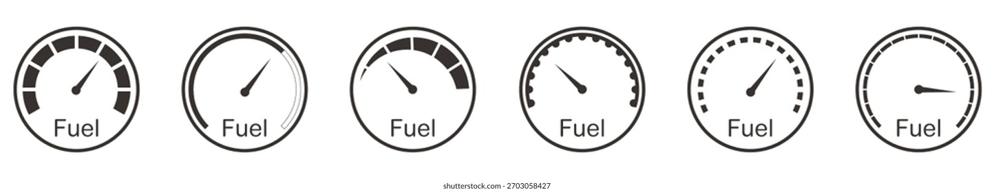 Ilustración vectorial. Indicador del indicador de combustible, ícono de la escala del salpicadero, señal del sensor de control del automóvil, íconos de la colección del indicador de gasolina 