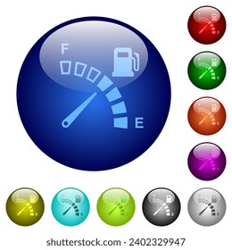 Fuel gauge icons on round glass buttons in multiple colors. Arranged layer structure