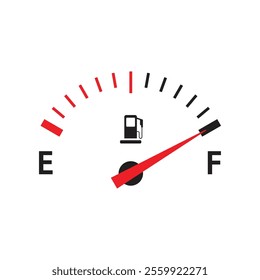 Fuel gauge indicates high fuel level isolated on white background. Car dashboard panel.