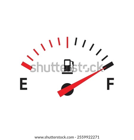 Fuel gauge indicates high fuel level isolated on white background. Car dashboard panel.