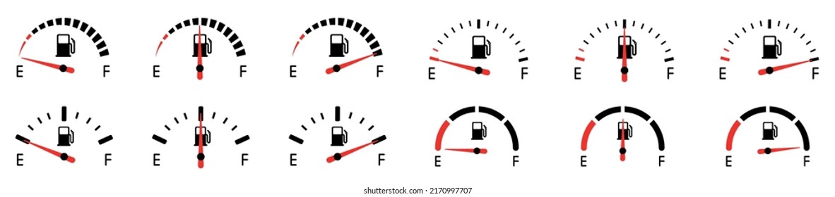 Fuel gauge indicator. Full fuel gauge icon set. Gas tank. Different dashboard auto panel equipment with arrow. Vector illustration.