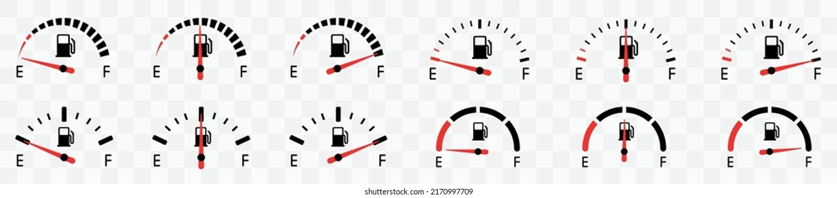 Indicador del aforador de combustible. Juego de iconos de los indicadores de combustible completo. Tanque de gas. Equipo de panel automático diferente con flecha. Ilustración vectorial.