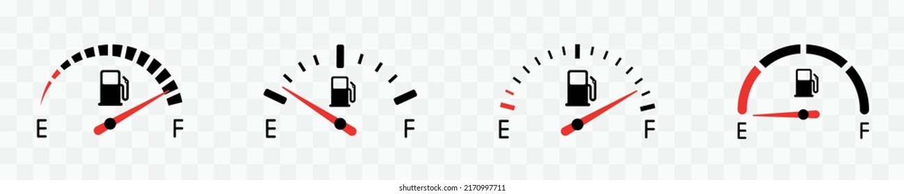 Fuel gauge indicator. Full fuel gauge icon set. Gas tank. Different dashboard auto panel equipment with arrow. Vector illustration.