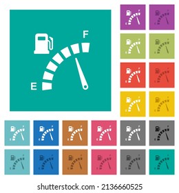 Auf einfarbigem, quadratischem Hintergrund sind mehrfarbige Flachsymbole auf dem Kraftstoffanzeiger angebracht. Weiße und dunklere Icon-Variationen für Hover oder aktive Effekte.