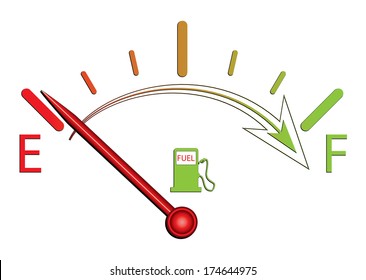 Fuel gauge nearly empty with red indicator, arrow and colorful marks. Isolated easy to edit vector design on white background. Raster available in my portfolio. 