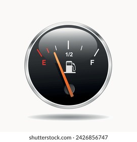 Fuel gauge. Round black gauge with chrome frame on white background. Vector realistic illustration