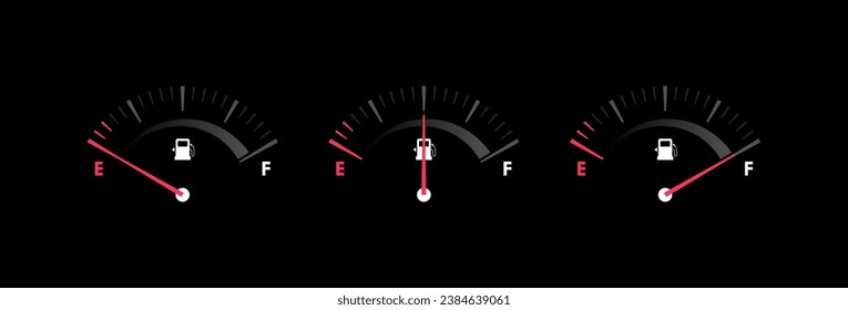 Fuel gauge scales with different level. Fuel measuring by gauge for control gas, gasoline or diesel level. Car dial fuel dashboard. Vector illustration.