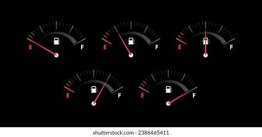 Fuel gauge scales with different level. Fuel measuring by gauge for control gas, gasoline or diesel level. Car dial fuel dashboard. Vector illustration.