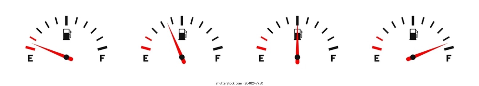 Fuel gauge. Set of fuel gauge indicators. Scale with arrow, empty and high level of fuel. Gas tank gauge icon. Vector