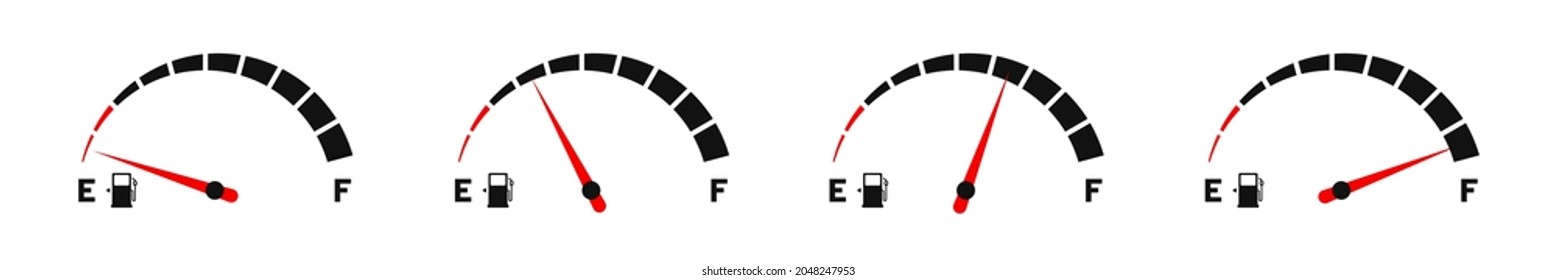 Fuel gauge. Set of fuel gauge indicators. Scale with arrow, empty and high level of fuel. Gas tank gauge icon. Vector