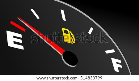 Fuel gauge showing empty tank. Vector fuel indicator on black background.