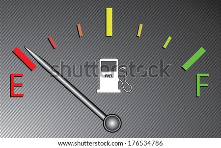Fuel gauge vector design indicating near empty on metallic background.