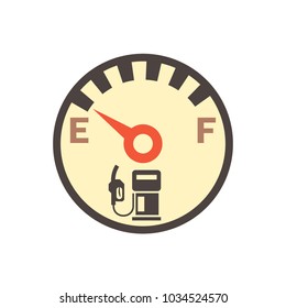 Fuel gauge vector icon. Measurement tool, equipment or instrument for car vehicle dashboard panel to indicator level, full or empty of power and energy in tank i.e. petrol, gas, gasoline and diesel.