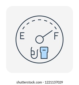 Fuel gauge vector icon. Measurement tool, equipment or instrument for car vehicle dashboard panel to indicator level, full or empty of power and energy in tank i.e. petrol, gas, gasoline and diesel.