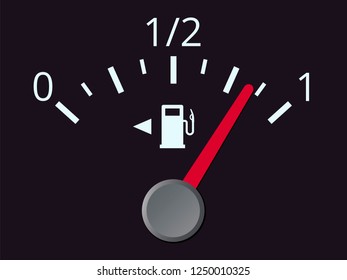 Fuel gauge. Vector illustration. Design element of automotive dashboard. Red arrow indicates fullness level of the fuel tank. Horizontal screen layout. White scale on black.