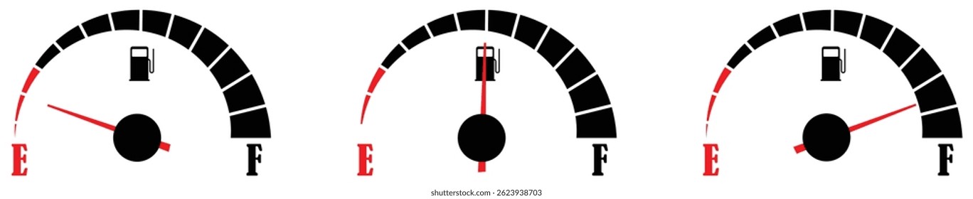 Ilustração do vetor do medidor de combustível mostrando a metade vazia e os níveis cheios do tanque com indicadores de agulha vermelha para o projeto do painel de controle automotivo. Ícones vazios da agulha do medidor de combustível. Indicador de nível de gás para display de carro