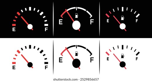 Conjunto de vetor de medidor de combustível, Medidor de gás e combustível, Indicador de gasolina, medidor de medidor, Medidor de combustível com aviso, baixo nível de combustível, indicador de tanque, Medidor de gasolina de automóvel, velocímetro do carro