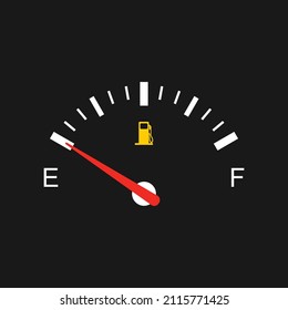 Fuel gauge with warning to indicate low fuel level. Vector illustration of classic gas tank indicator on car dashboard panel. Empty tank of gasoline. Yellow fuel check light. - Shutterstock ID 2115771425