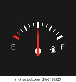 Aforador de combustible con advertencia de nivel de combustible bajo. Ilustración vectorial del indicador clásico del depósito de gasolina en el panel del salpicadero del vehículo. Medio tanque de gasolina. 