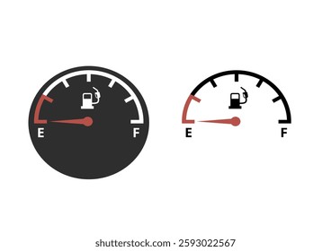 Fuel gauge with warning to indicate low fuel level. Vector illustration of classic gas tank indicator on car dashboard panel. Empty tank of gasoline. Yellow fuel check light.