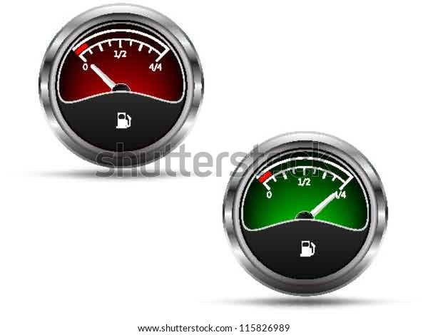 Fuel gauges, empty and full position\
needle, isolated on white background,\
vector