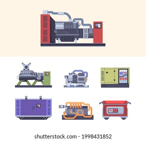 Fuel generator. Steel industrial electric machines energy generation maintenance generators garish vector flat illustrations collection