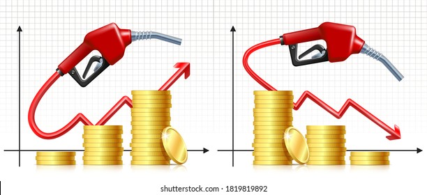 Fuel handle pump nozzle with hose like price rises and falling graph and stack of gold coins. Price Rises Concept. Oil market trend. Petrol price icon. Expensive fuel concept. Vector illustration.