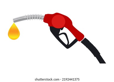 Fuel handle pump nozzle with hose. Yellow drop of petrol dropping from gas gun with fuel. vector illustration isolated on white background