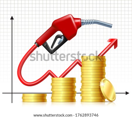 Fuel handle pump nozzle with hose like price rises chart and stack of gold coins. Price Rises Concept. Oil market trend. Petrol price icon. Expensive fuel concept. Vector illustration.